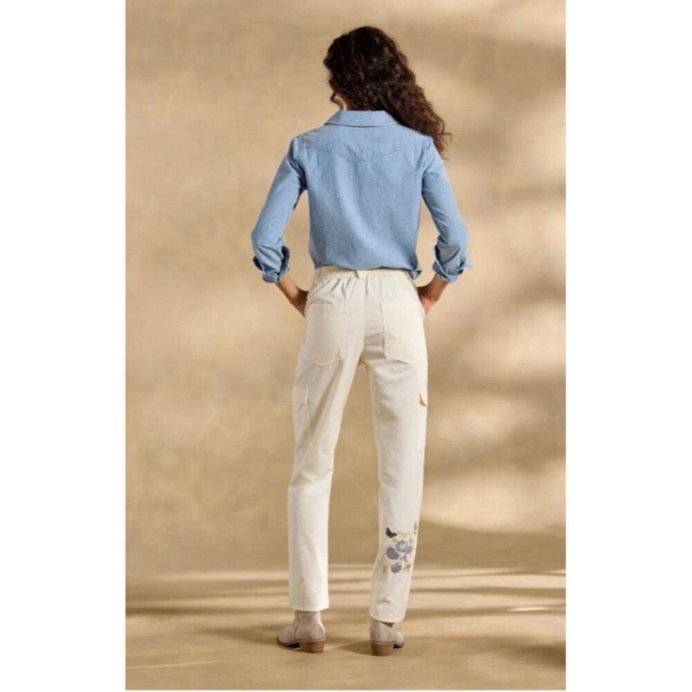 NWT! Sundance Starling Floral Embroidered Cargo Pants sz 8 Ivory Blue Flower - Picture 3 of 14